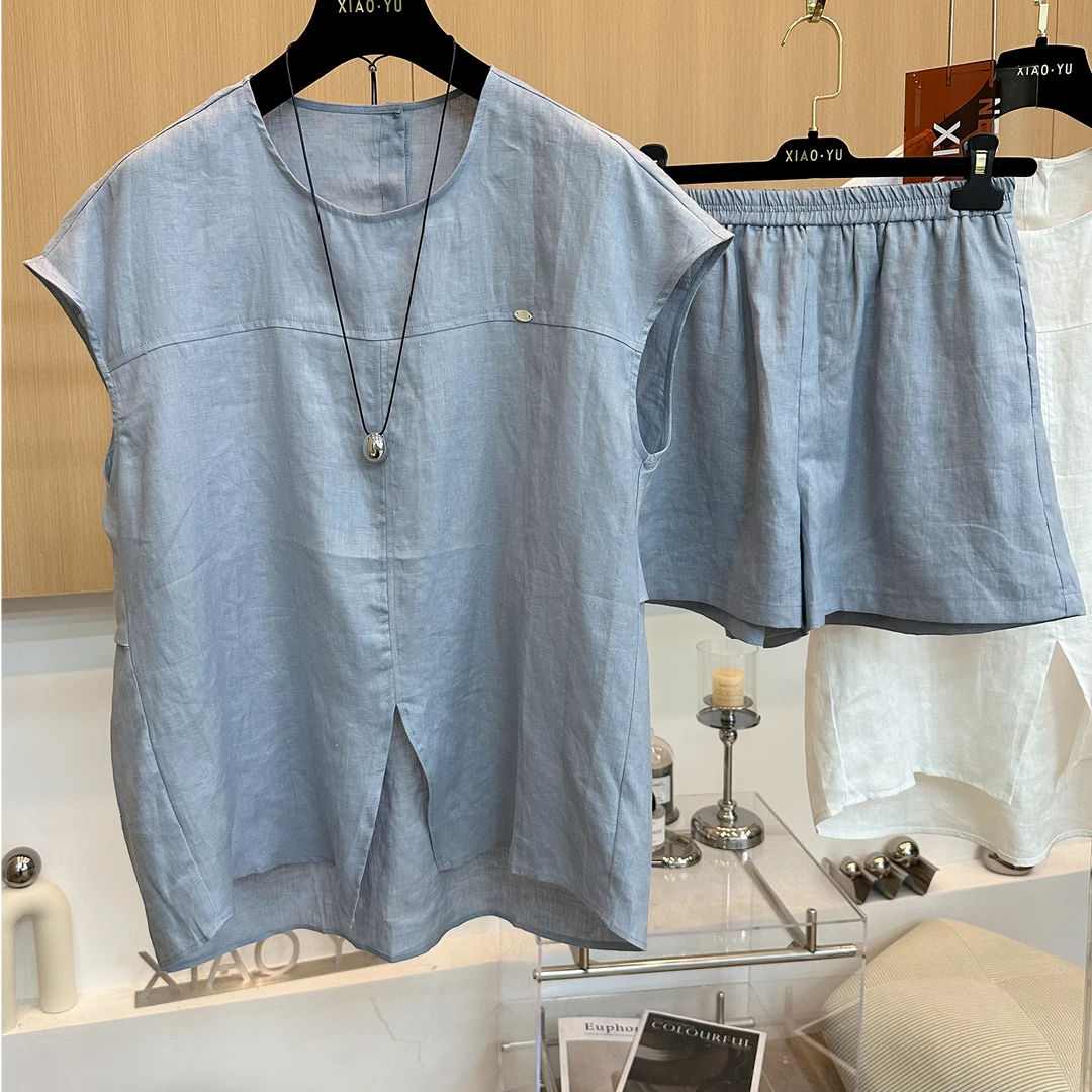 高端欧货夏新款简约纯色飞飞袖背心衬衫上衣松紧腰短裤时尚套装女
