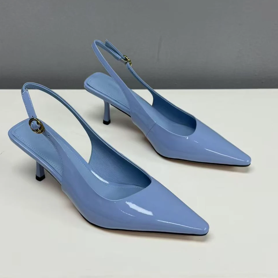 春夏新款秀场色系气质时尚百搭女士细跟后空凉鞋漆皮