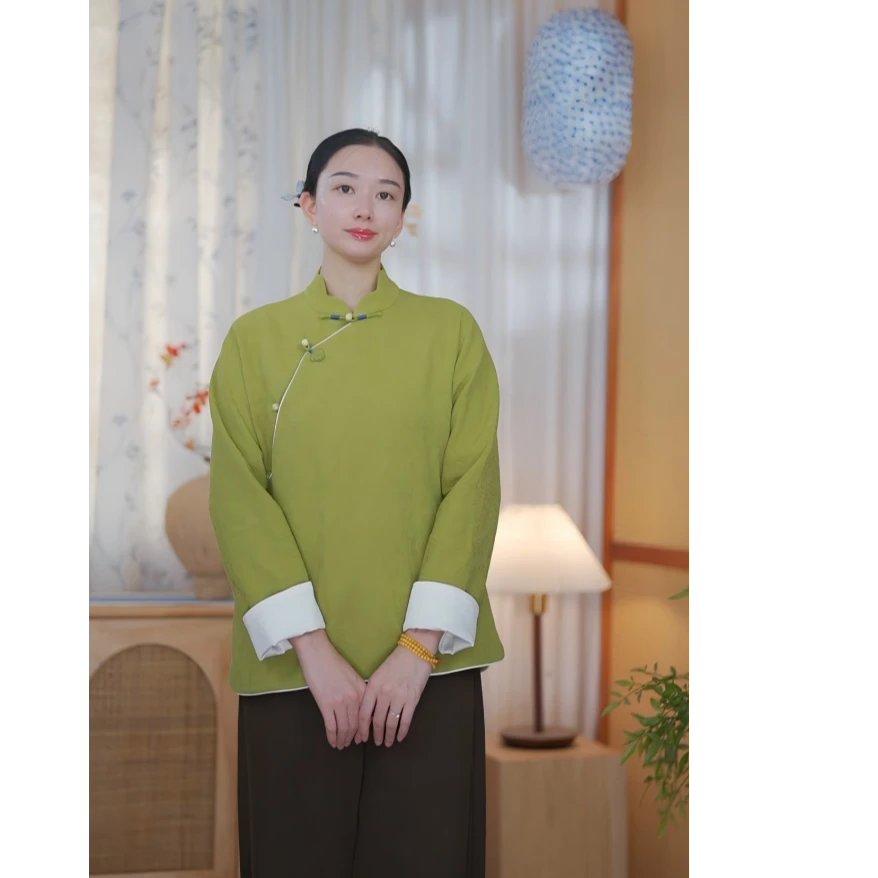 【青绾】禅意花瓣领 苔绿棉麻斜襟盘扣复古文艺长袖外套