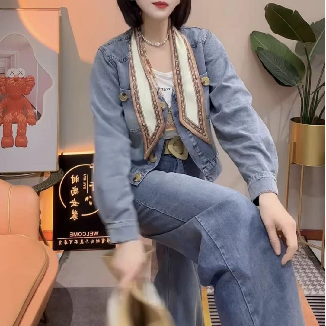 欧洲站时尚减龄套装女2025春夏新款纯色单排扣显瘦牛仔外套阔腿裤
