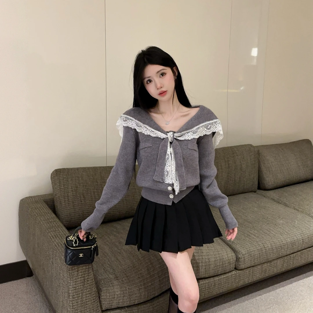 甜美学院风韩系毛衣女秋冬海军领拼接蕾丝显瘦针织外套上衣jk制服