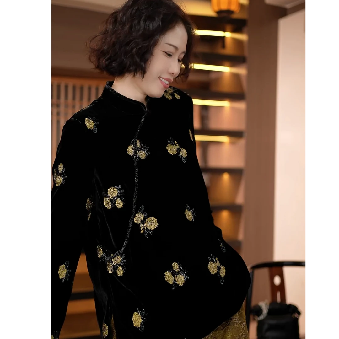 【深圳罗依】原创丝绒衬衫女桑蚕丝绒刺绣新中式立领长袖显瘦上衣