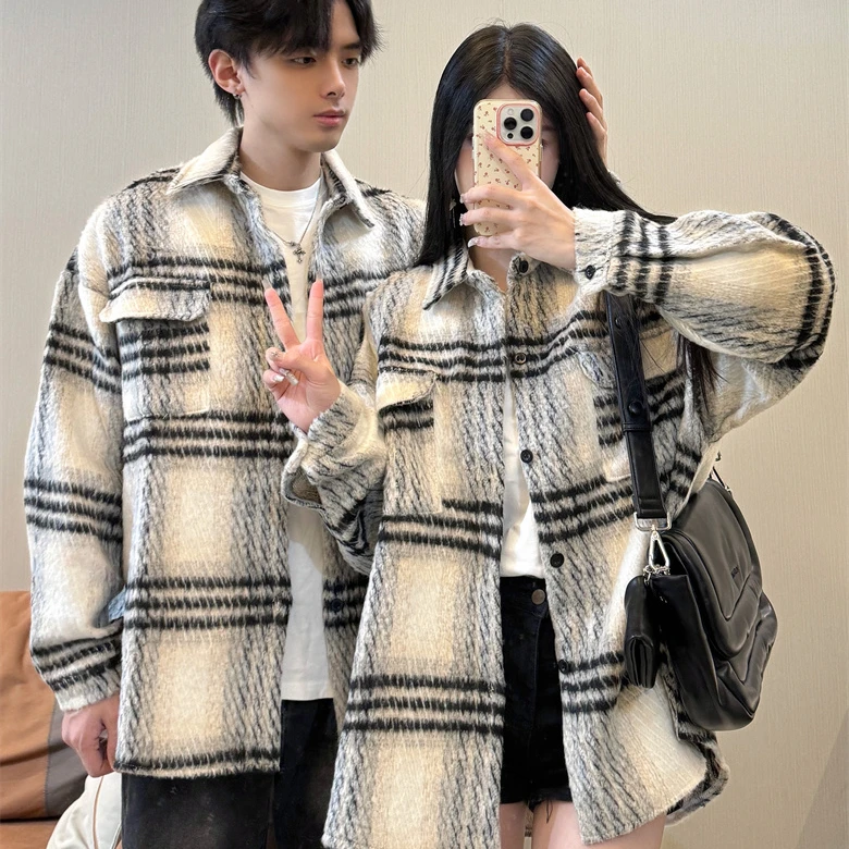 【两件装】情侣装一男一女小香风夹克外套秋季法式宽松韩版格纹上衣