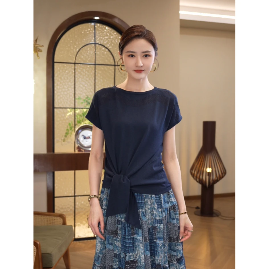 现货2025夏季新款【QQ-1096】减龄莱赛尔天丝蓝色绑带圆领针织小衫