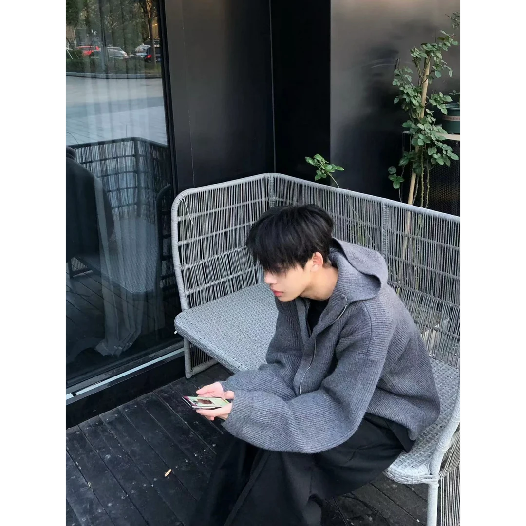 重磅拉链连帽毛衣男慵懒氛围感高级秋冬针织开衫cleanfit休闲外套