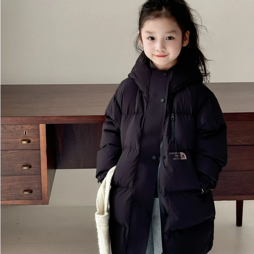 长款休闲风纯色羽绒服连帽童装时尚冬季宽松韩版秋冬中大童加厚