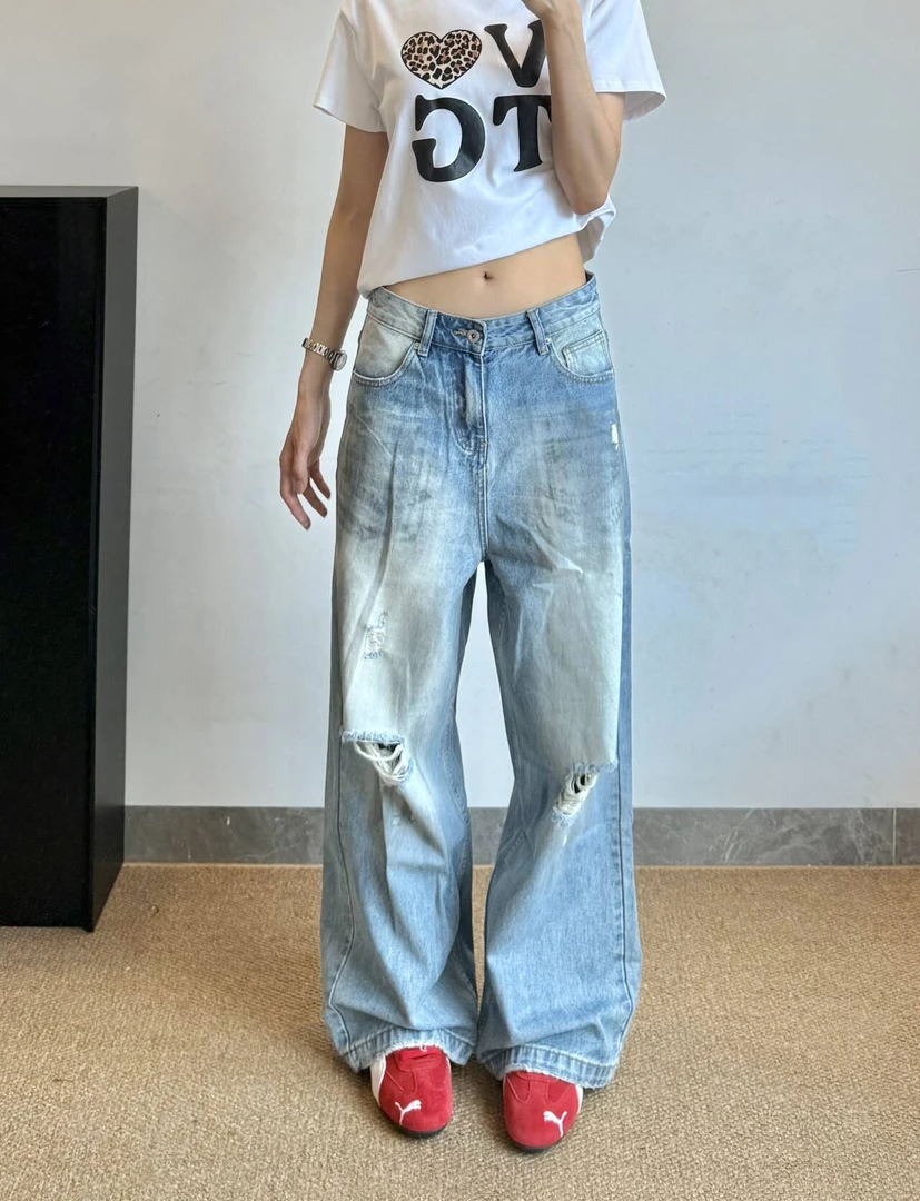 慵懒风XTDAC同款破洞脏染做旧水洗蓝牛仔裤宽松直筒阔腿裤女