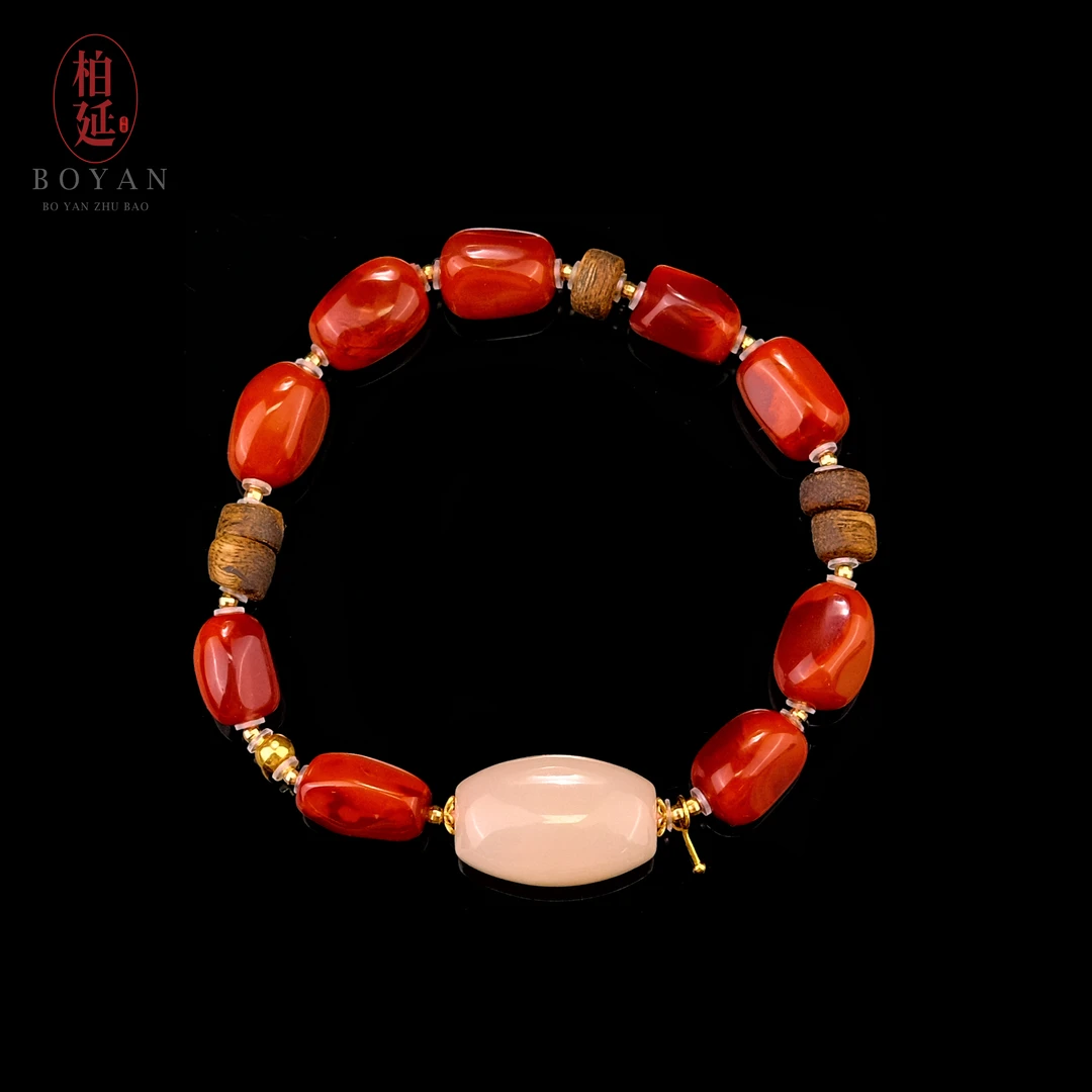 【乐焰】18k金和田玉浓熟藕红粉手串川料DIY高品火焰纹南红款BY2588