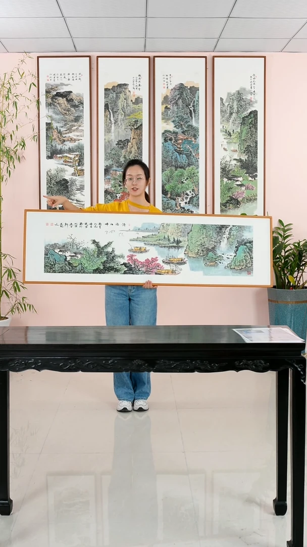 国画张现军《清漓江畔》手绘带框162*47厘米