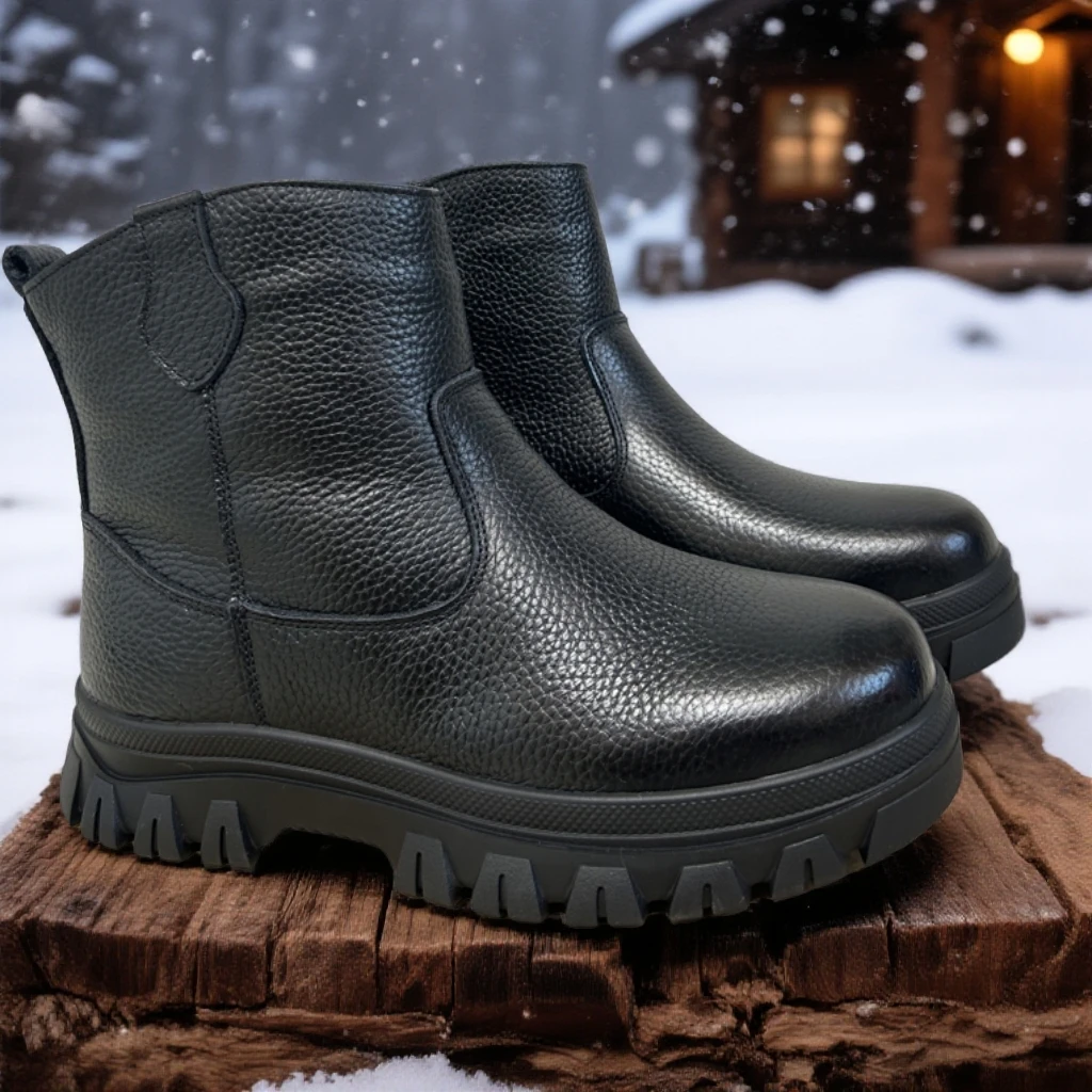 23512冬季保暖防寒厚底隔凉男士皮毛一体侧拉链牛皮时尚雪地靴