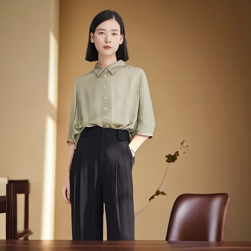 贵夫人-高端草绿百搭桑蚕丝2025春夏时尚衬衫网红女款水墨衬衣