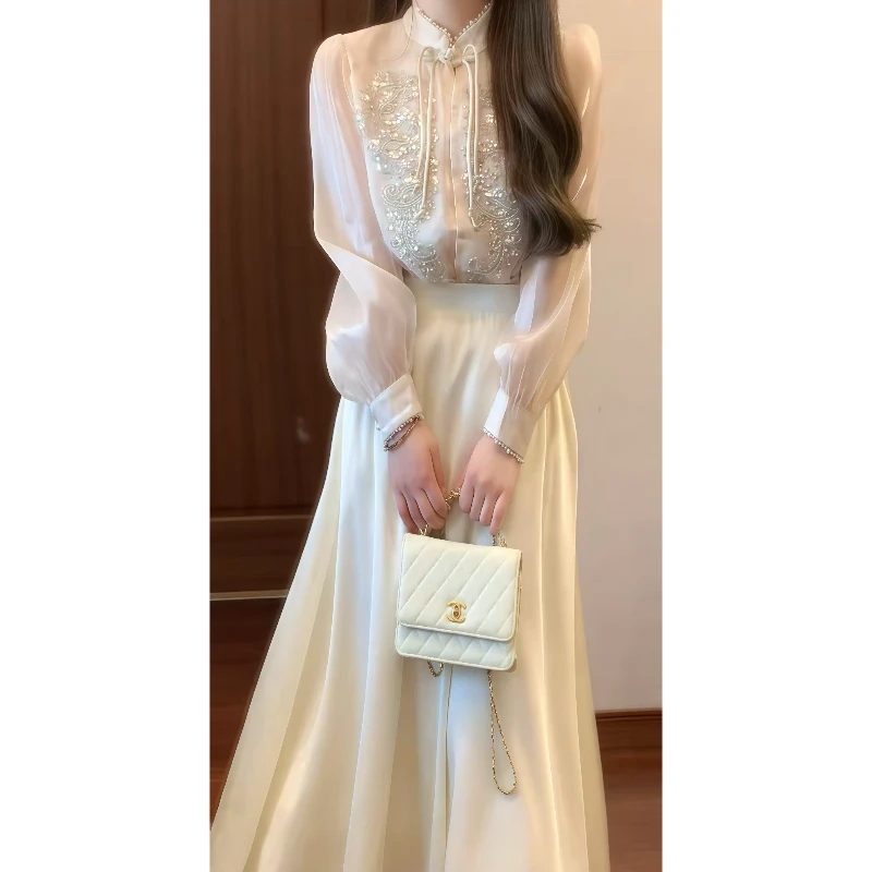 秋季新中式国风立领设计感重工衬衫&半身裙长裙仙气绝美套装9686