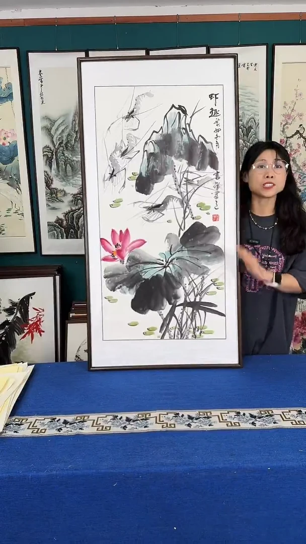 国画荷花实木装裱63*123