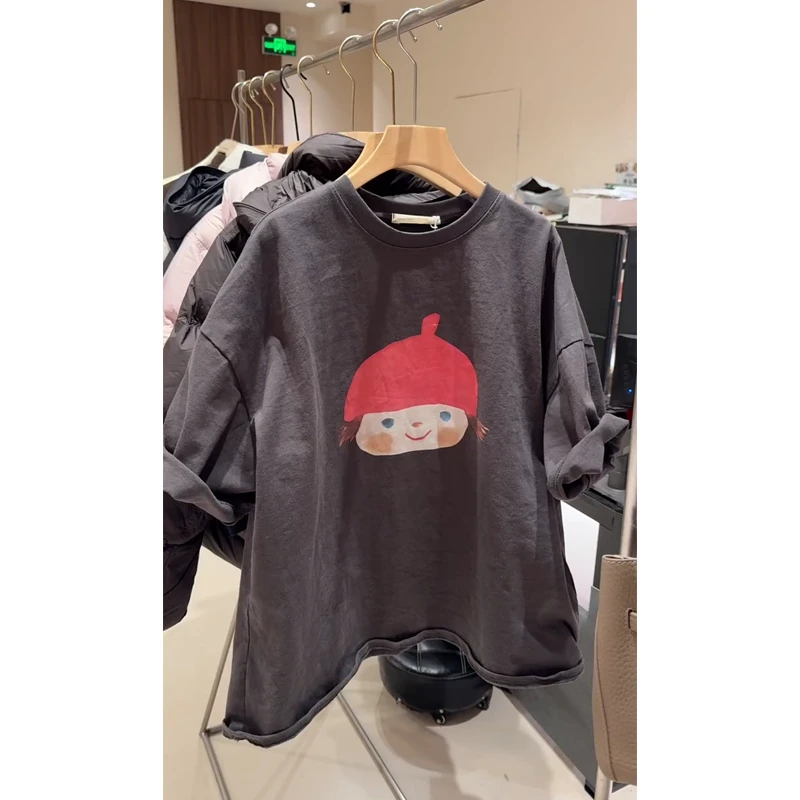 2025秋季新款韩版休闲宽松舒适中长款印花时尚百搭圆领T恤女潮