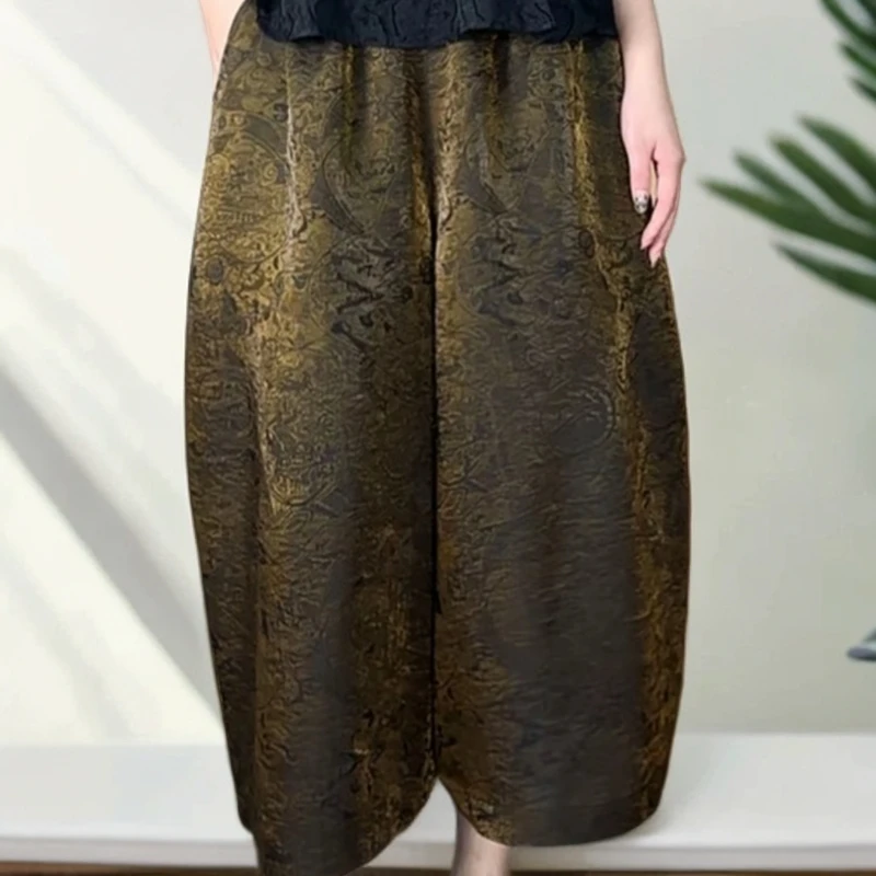 32053古铜色休闲透气夏季宽松大码八九分花苞裤