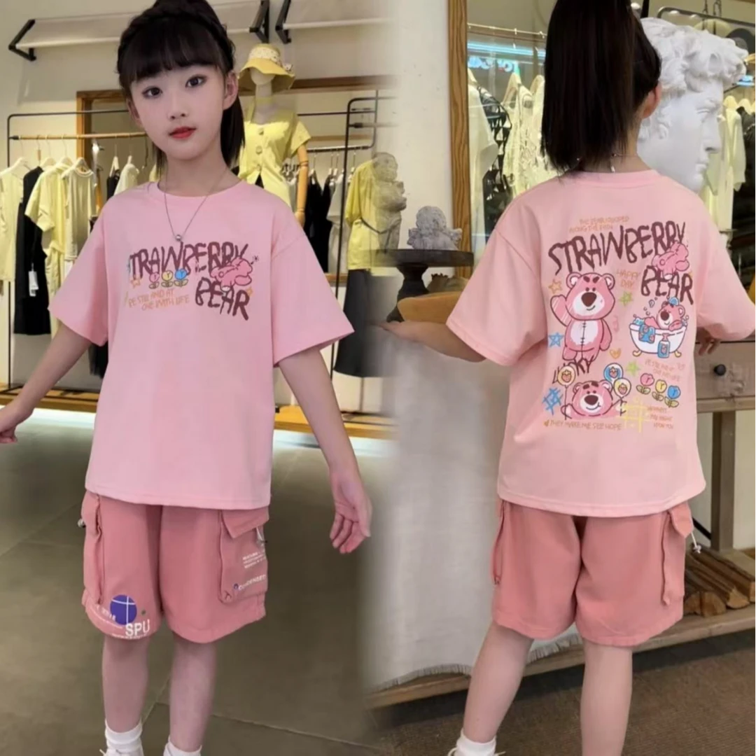 女童卡通夏季2025新款潮流休闲洋气舒适时髦韩系短袖粉工装裤套装