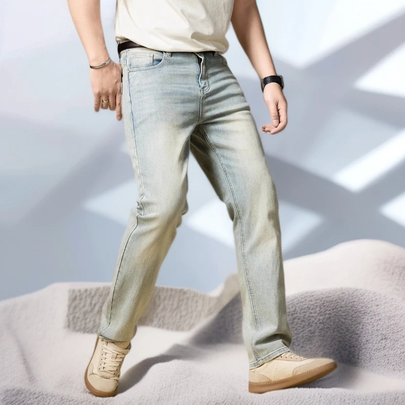 宾斯洛特时尚九分牛仔裤男士夏季新款潮流宽松直筒复古长裤子男款