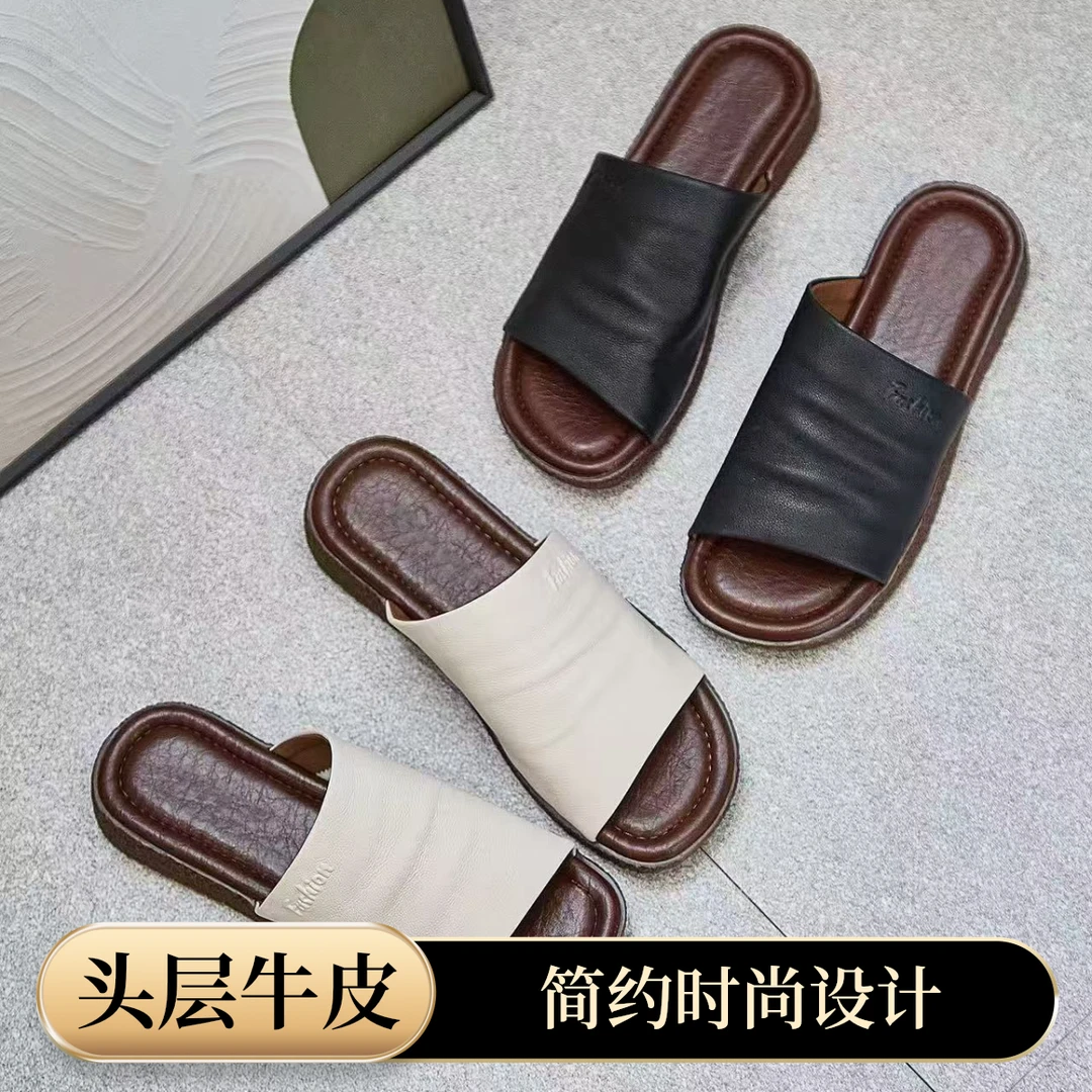 复古露趾平底凉拖头层牛皮沙滩鞋时尚休闲软底百搭真皮舒适夏季