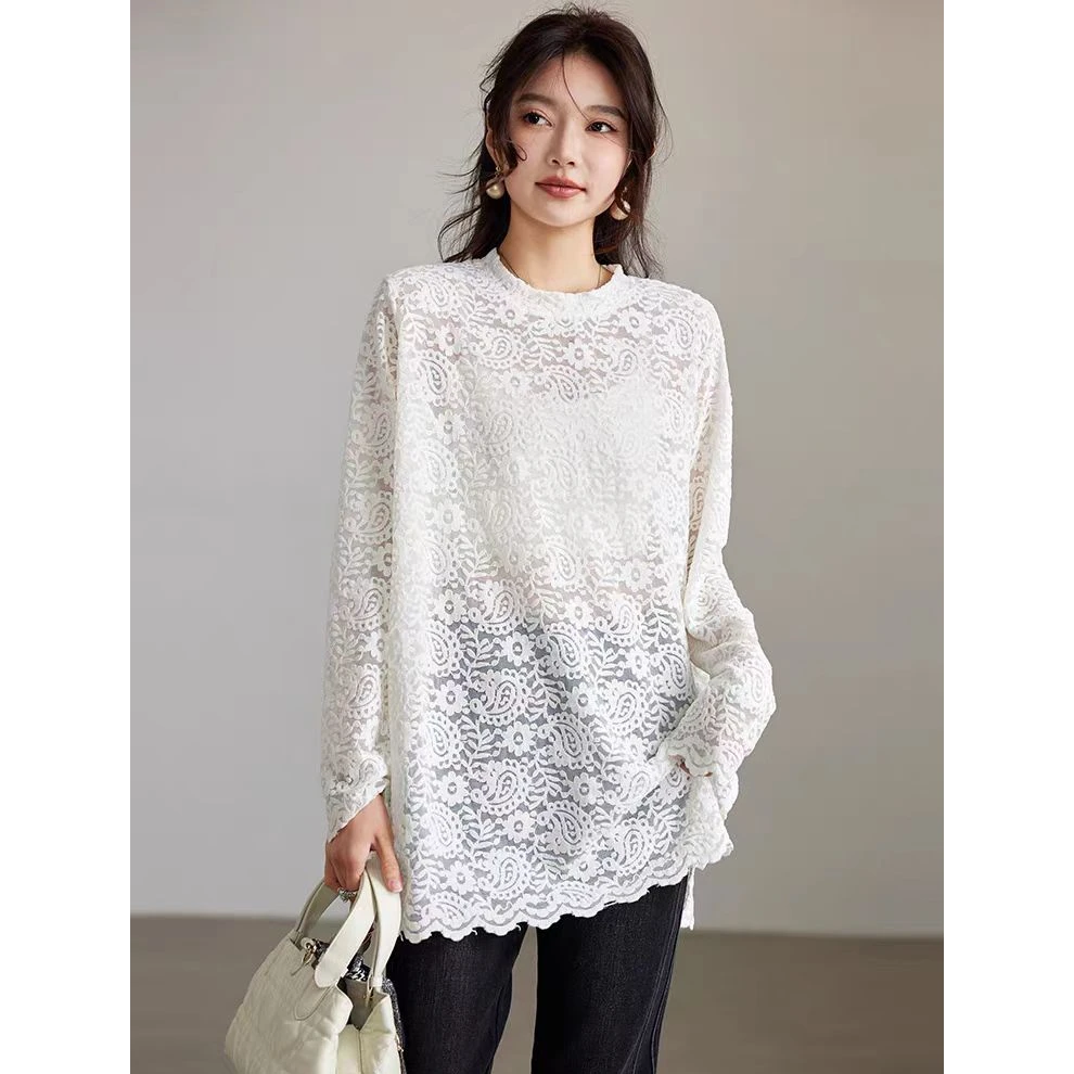 8099设计感开叉蕾丝衫2025新款复古宽松打底衫长袖上衣女装chic潮