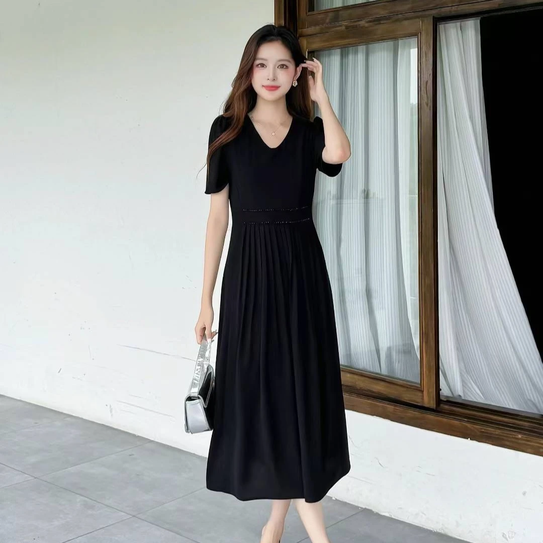 Lvisy新款夏季藏青色V领修身连衣裙显瘦气质赫本风收腰A字裙裙子