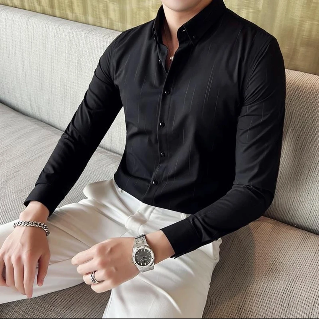 2025春季新款男士衬衫条纹春易搭理长袖休闲轻商务衬衫修身高级感