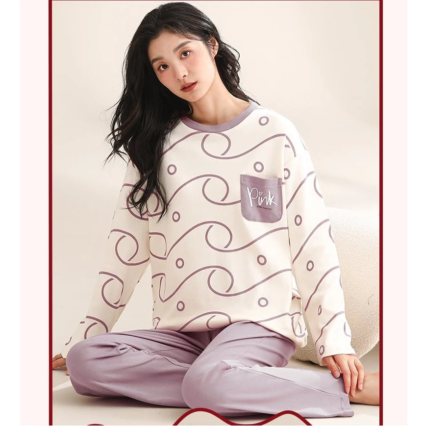 【雅】纯棉女圆领长袖睡衣套装9318