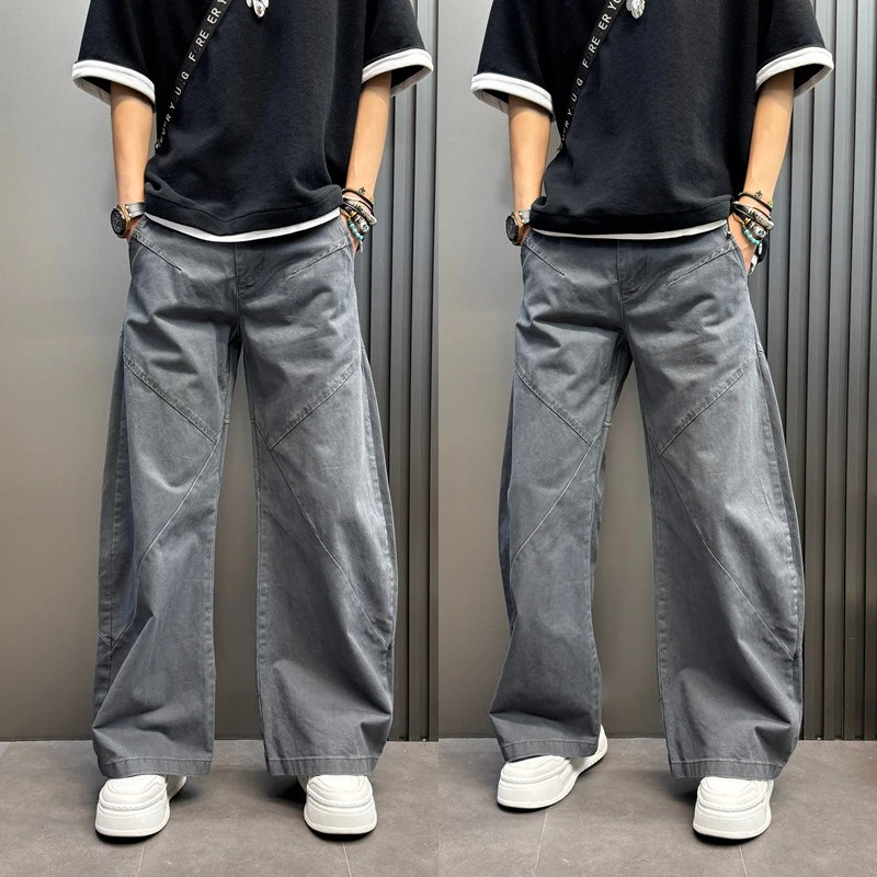 2025男士牛仔裤潮流百搭休闲裤纯色拼接阔腿裤春夏痞帅哈伦长裤子