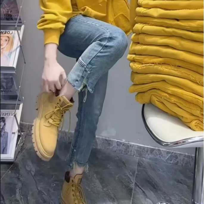 高弹力高腰水洗怀旧破洞流苏牛仔裤时尚休闲百搭