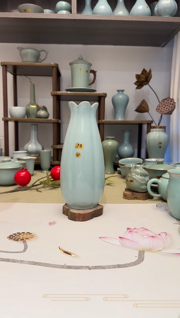 瓶79玉兰樽蝉翼纹 天青釉一级精品 花插酒器摆件艺术品*