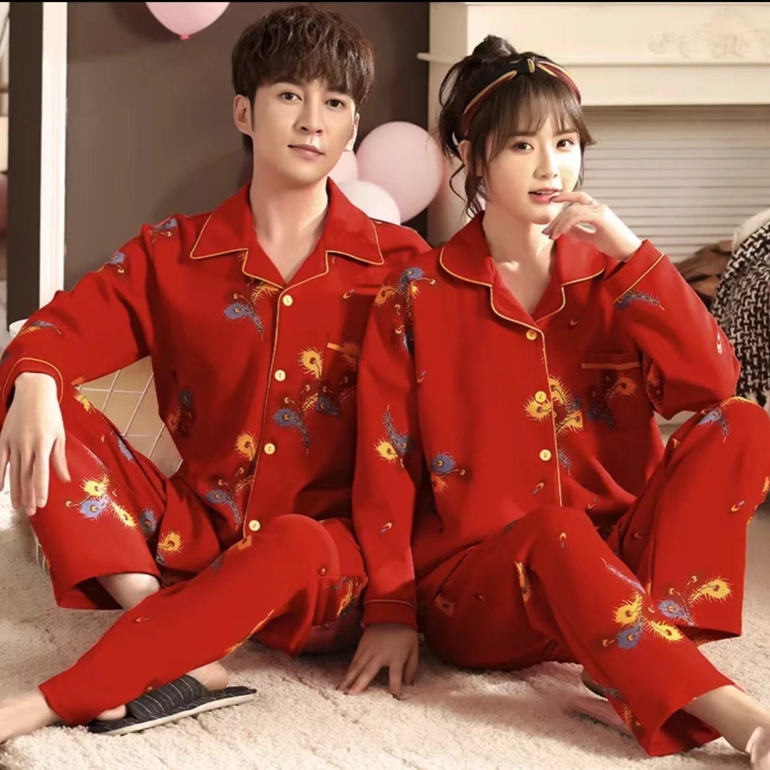 26~情侣睡衣凤尾花新中式本命年红色家居服