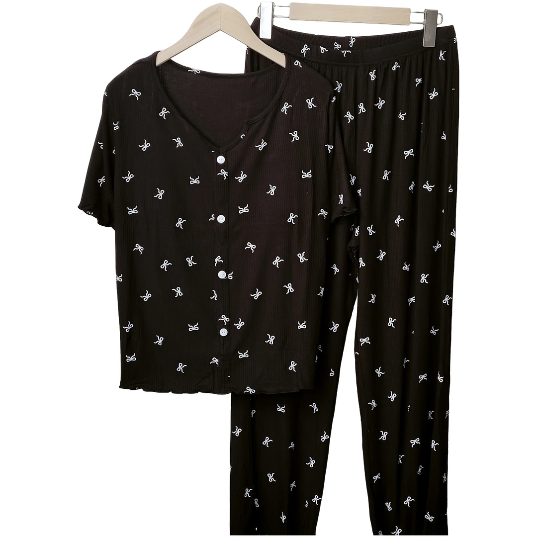 C118（带胸垫）圆领睡衣女短袖长裤可外穿休闲家居服夏