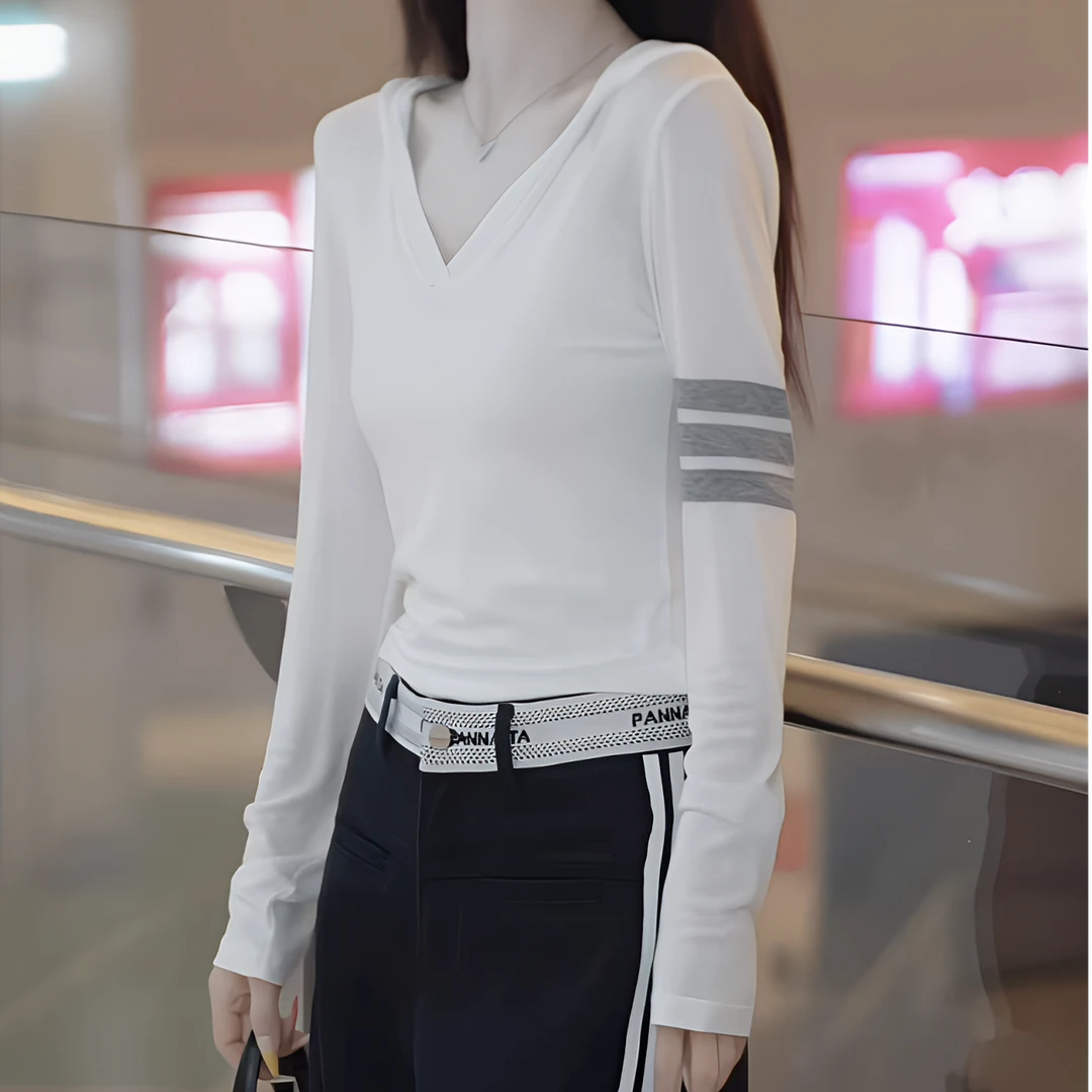 三条杠条纹连帽长袖t恤女春正肩打底衫2025新款宽松休闲连帽上衣