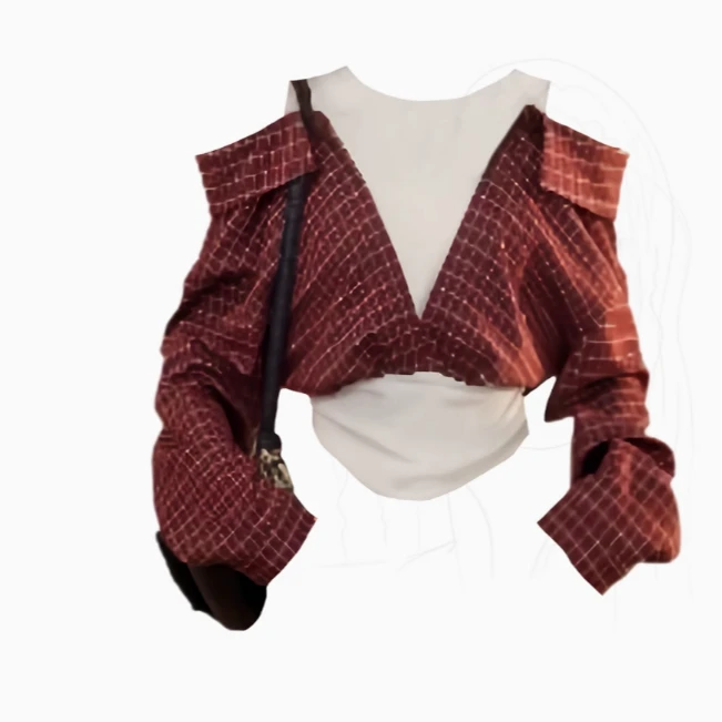 大码胖mm韩系设计感格纹拼接假两件衬衫女春季复古小众露肩上衣潮