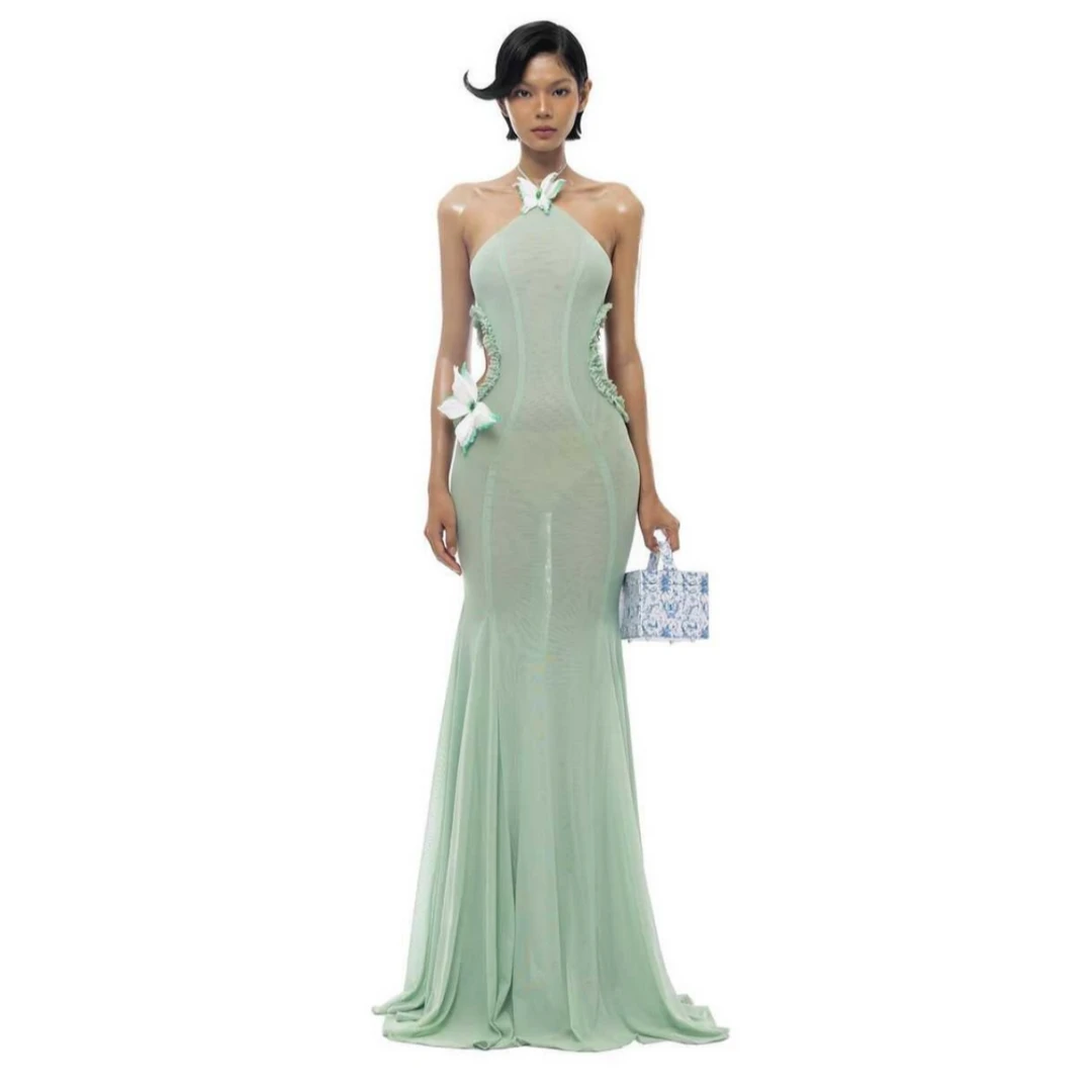 YoungerLady小众设计蝴蝶挂脖镂空连衣裙露背显瘦内搭鱼尾裙礼服