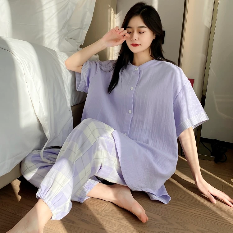 大码睡衣女春夏200-300斤短袖长裤宽松胖mm格子2025新款纯棉睡衣