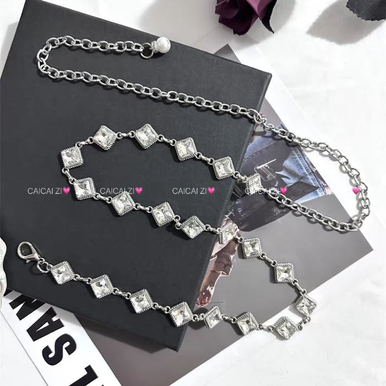 CCA301【棱镜秘语】银色金属配饰水钻装饰腰链条 （长105cm）