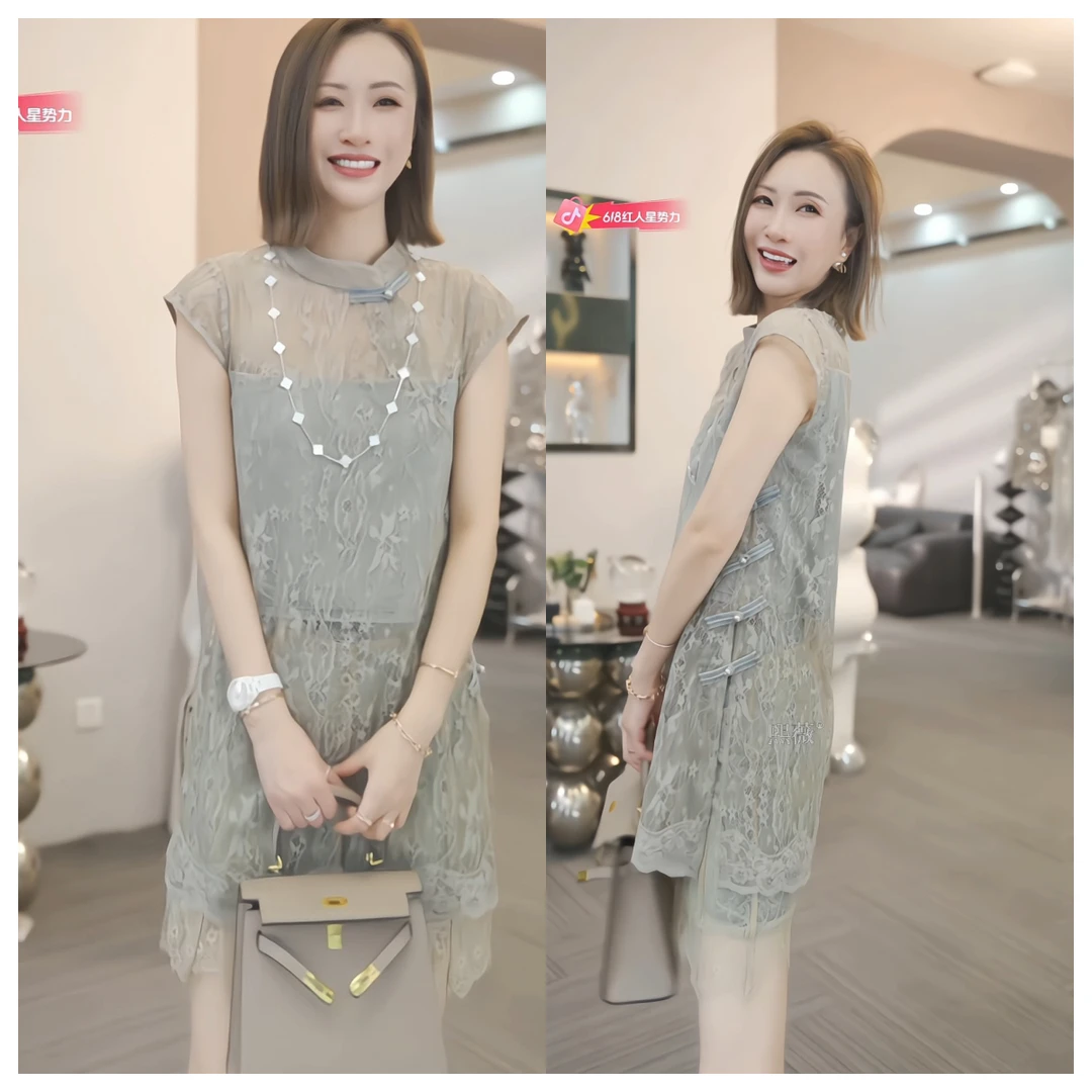 欧洲站牛仔拼接蕾丝盘扣牛仔马甲女2025夏季新款国色天香中长上衣