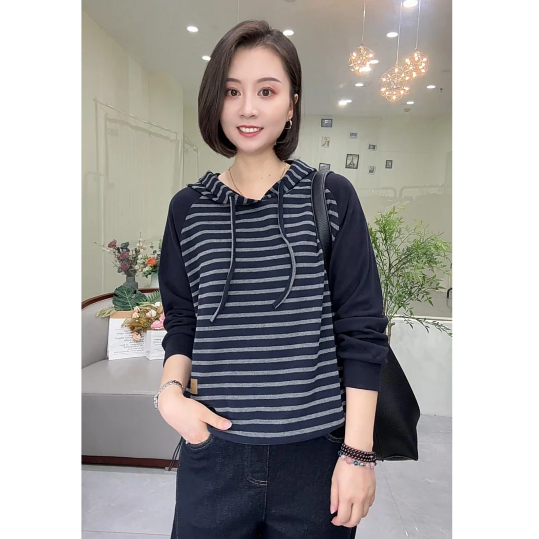 （茹茹）秋款连帽卫衣条纹棉宽松休闲女装女装上衣