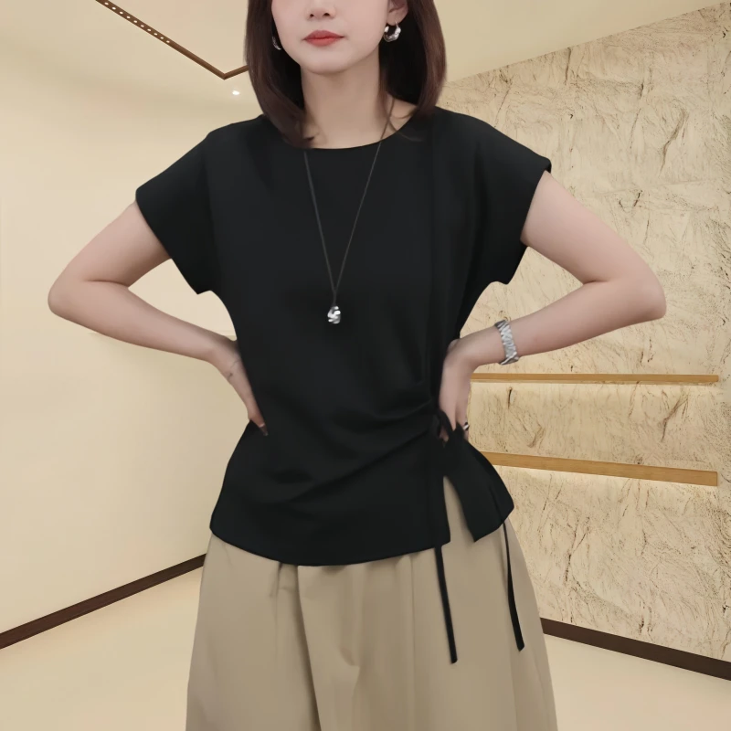 2025夏季时尚不规则抽腰轻奢短袖T恤气质显瘦休闲百搭圆领纯色T恤