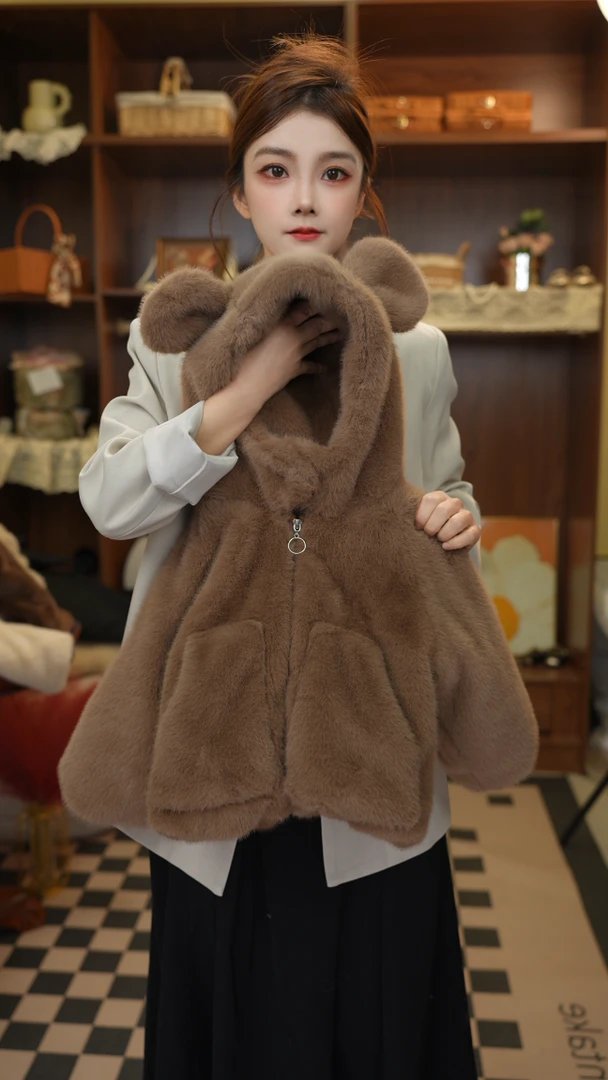 亲子款深色小熊冬季儿童加绒外套毛毛衣时尚宝宝连帽毛绒加厚秋冬