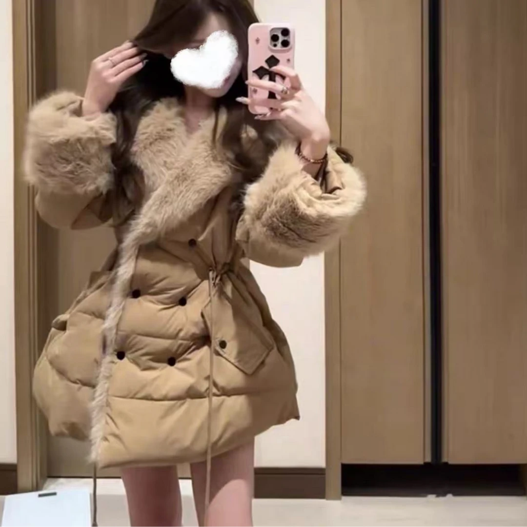 DD1516高级感气质大翻领连帽宽松中长款收腰外套秋冬棉服保暖外套