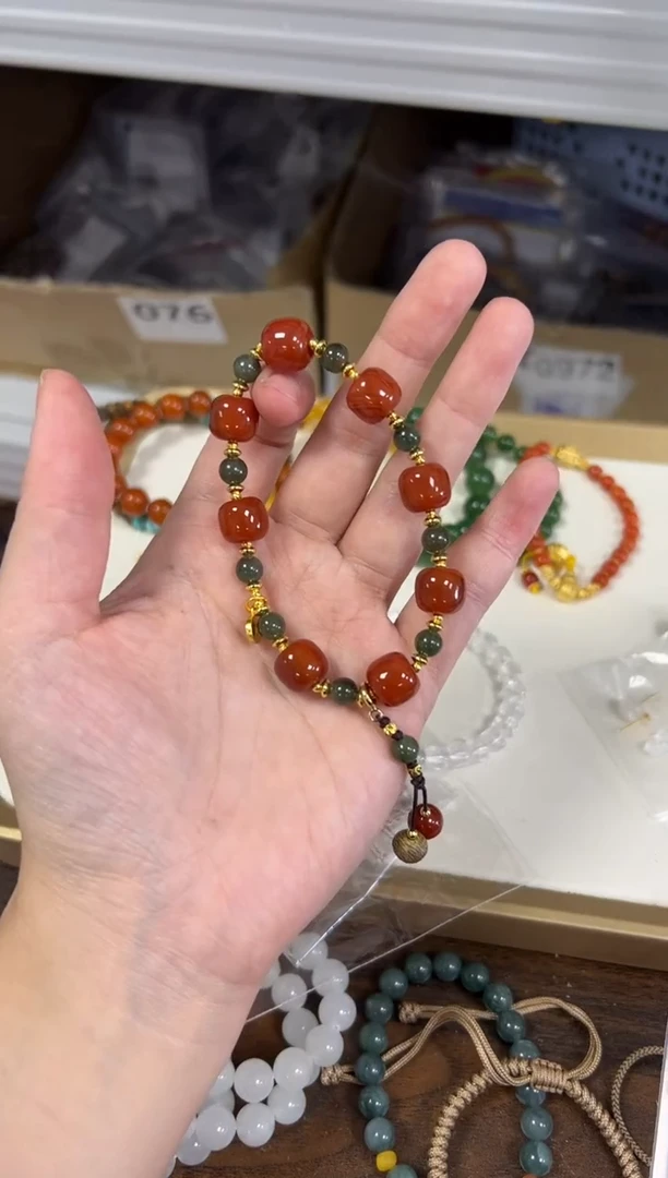 未镶嵌手链玛瑙/玉髓满肉红玛瑙桶珠和田设计款手链[2757]