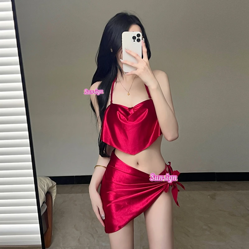 Sun【热辣】泳衣比基尼三件套高级感挂脖系带分体聚拢显瘦泳衣女