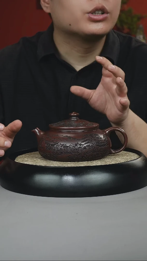 茶壶紫砂黑料石红 寒江 刻楼阁