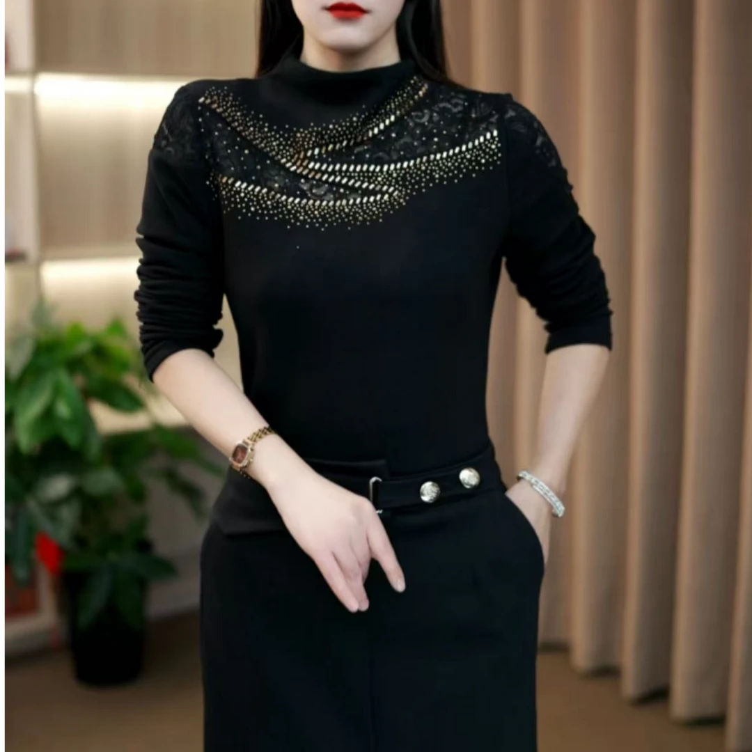 百搭T恤半高领一体绒时尚显瘦纯色镂空修身型长袖黑色-6