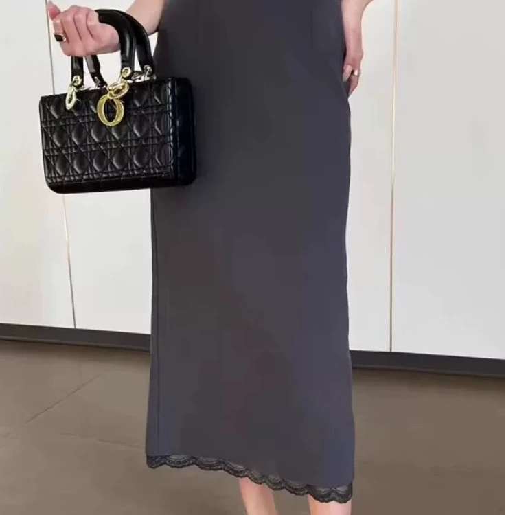 269816法式高腰显瘦蕾丝边春夏气质开叉a字裙中长款包臀裙子