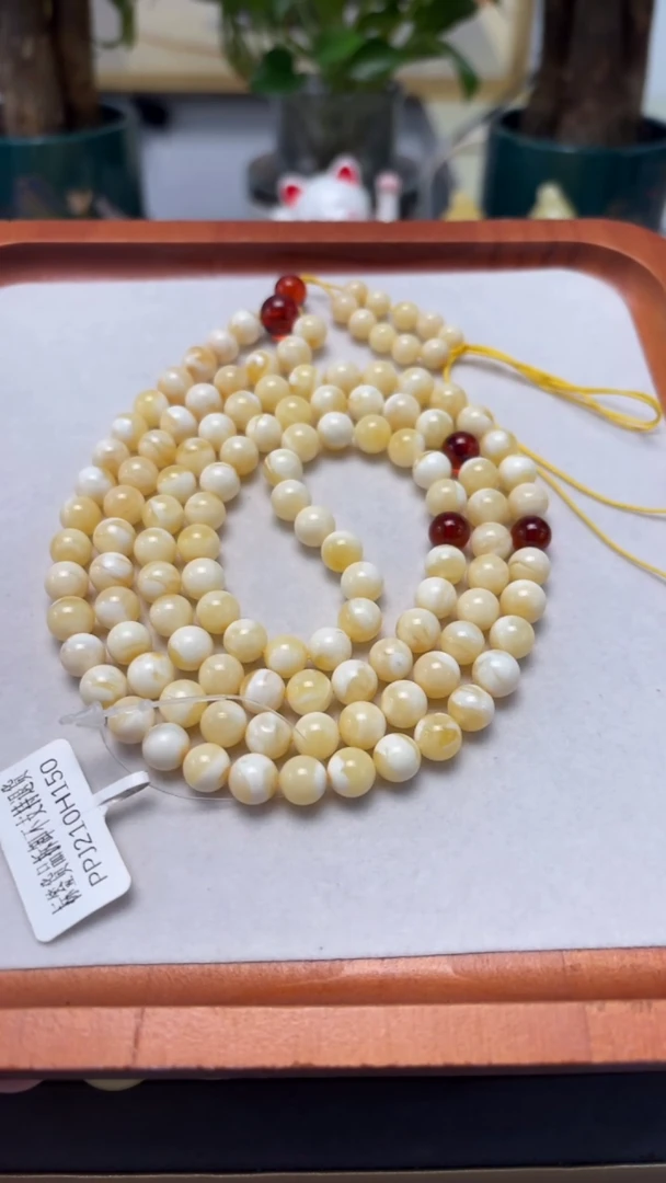 手串琥珀未镶嵌p39俄料瓷白蜜蜡108佛珠 30克 7+mm