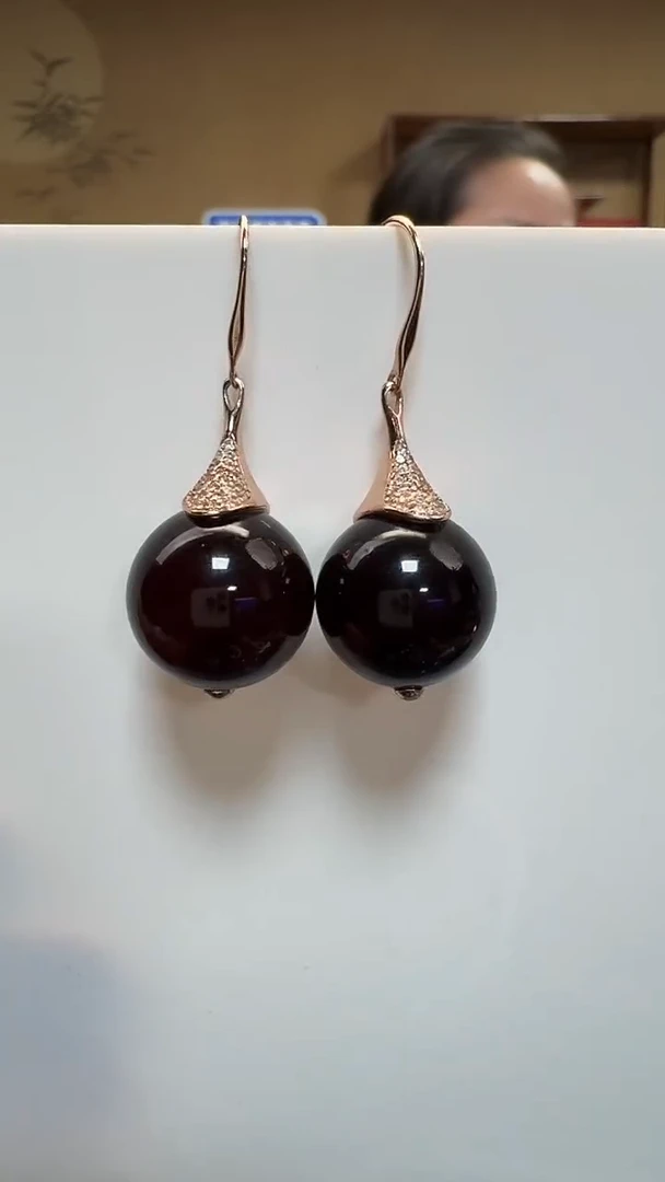 琥珀银S925镶嵌耳饰天然保真琥珀圆珠耳坠