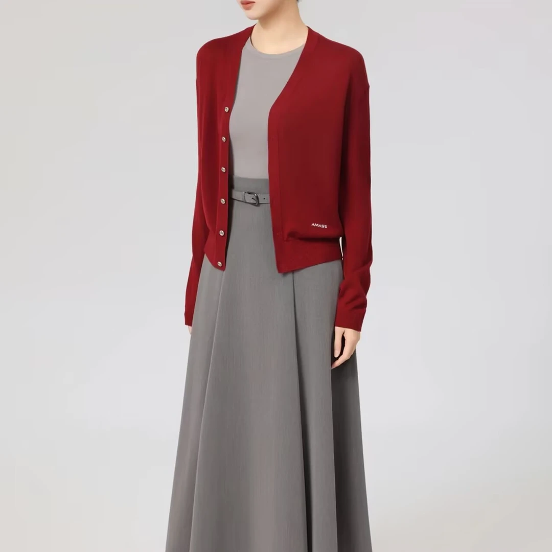AMASS/阿玛施早秋针织开衫女长袖气质纯色V领548028