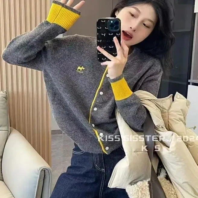 圆领秋冬季百搭撞色槦懒风刺绣针织时尚外套开衫毛衣新款长袖上衣